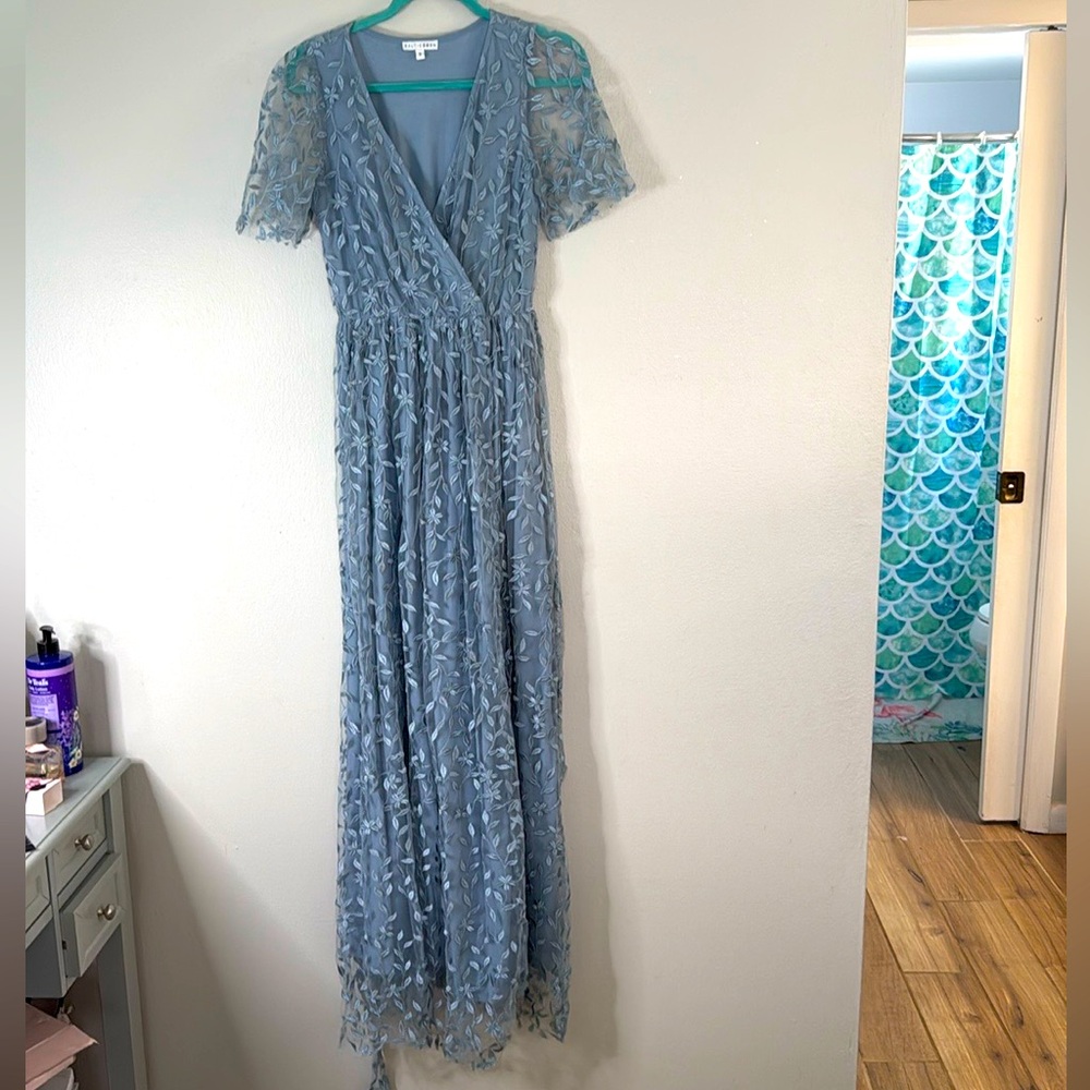Baltic born Mariselle embossed floral overlay dusty blue maxi dress